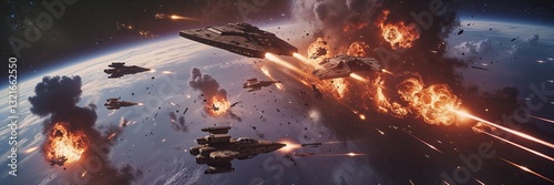A dramatic confrontation occurs in outer space with multiple spacecraft firing weapons while explosions light up the cosmos. The vibrant blue planet serves as a backdrop for this intense conflict