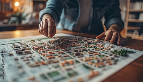 Real estate search journey featuring a person looking at a map with highlighted properties, emphasizing the market research and analysis process in finding a new home