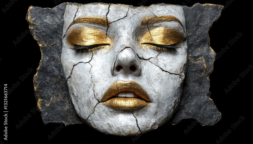 Naklejka premium Discover the allure of an Artistic Portrait with Gold Details, a masterpiece embodying minimalist vibes and contemporary elegance This captivating artwork showcases a cracked mask effect, accentuated