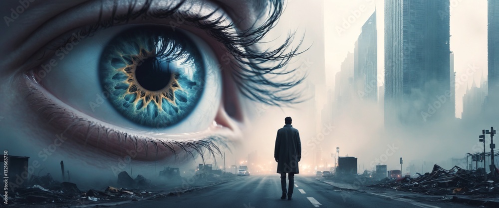 Eye looking at person. Citizen surveillance digital system, oversee, wiretapping and cyber invigilation. Generative AI