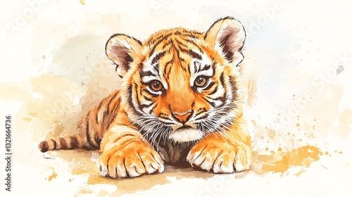 A cute, young tiger cub resting, showcasing its vibrant orange fur and distinct black stripes against a soft, painted background.
