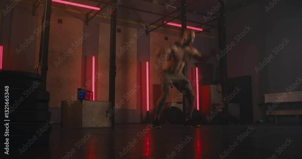 Active male athlete without a shirt with muscles doing push-ups and squats during training with a timer in the gym
