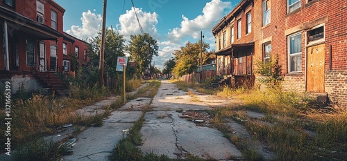 Decayed Urban Landscape, Overgrown Alleyway and Abandoned Brick Buildings Depicting Urban Decay and Neglect