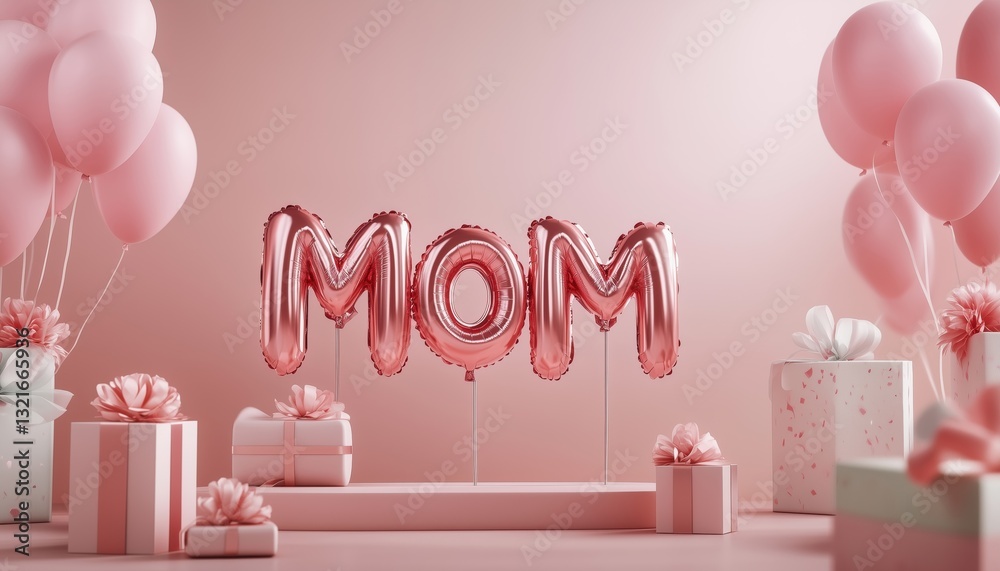 Mother'S Day Celebration: Pink Balloons Floating On Podium With Gift Boxes Adorned Nearby - A Festive Display For Mom'S Special Day. Mother'S Day Celebration: Pink Balloons Floating On Podium With Gift Boxes Adorned Nearby - A Festive Display For Mom'S Special Day.