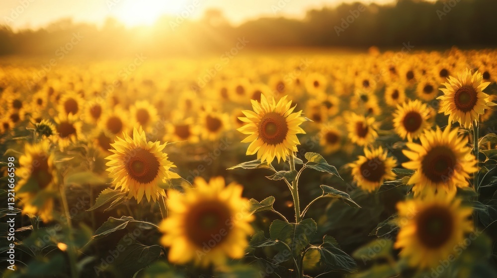 Fototapeta premium Vibrant Sunflower Field at Sunrise with Bright Yellow Blooms Illuminated by Warm Natural Light