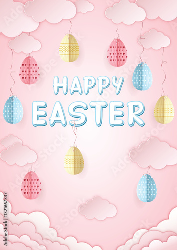 Paper craft Happy Easter A4 card, origami Easter eggs tied with ribbons to the clouds on soft pink background with cut out clouds