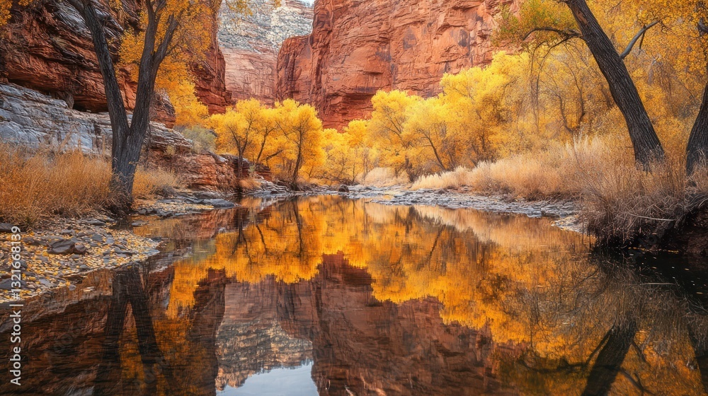 Autumn Canyon River Reflection, Peaceful Nature Scene Autumn Canyon River Reflection, Peaceful Nature Scene