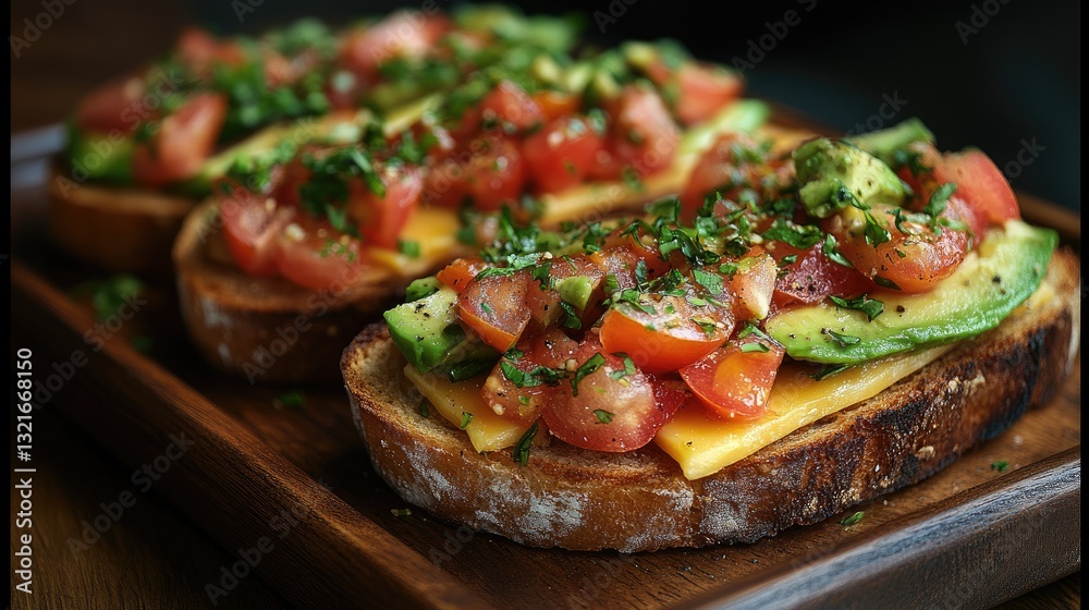 Three slices of toasted bread topped with creamy avocado slices and halved cherry tomatoes are arranged on a wooden platter. Three slices of toasted bread topped with creamy avocado slices and halved cherry tomatoes are arranged on a wooden platter.