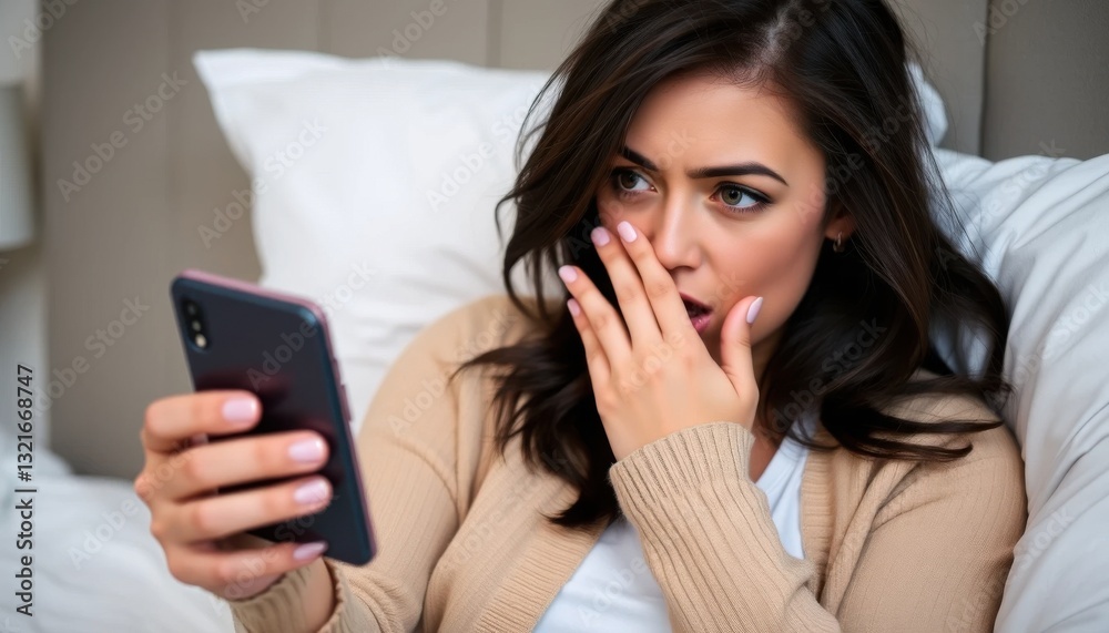 Woman Shocked by News on Smartphone in Bed, Modern Bedroom, Emotional Scene, Cozy Environment, Close-Up View Woman Shocked by News on Smartphone in Bed, Modern Bedroom, Emotional Scene, Cozy Environment, Close-Up View