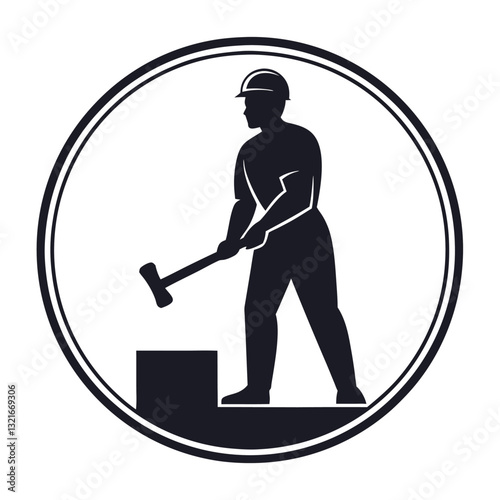 Strong Worker Silhouette Chiseling Stone with Hammer