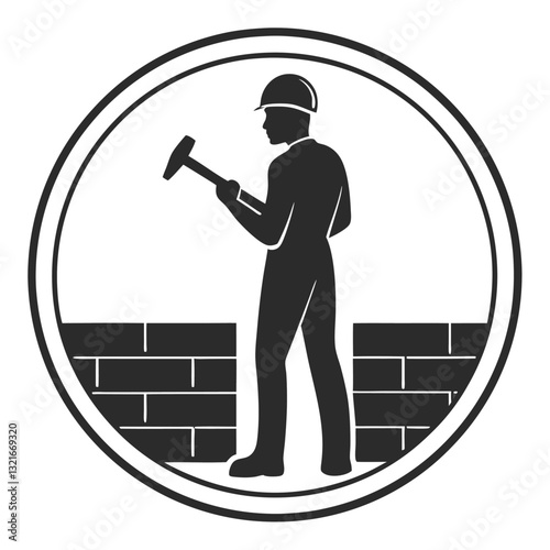Silhouette of a Construction Worker Striking a Stone with a Hammer