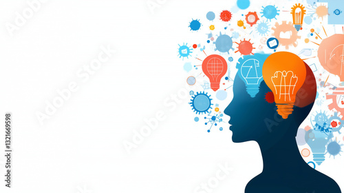 Wallpaper Mural illustration of a blue head profile with lightbulbs, gears, and connections symbolizing creativity and innovation on a white background. Torontodigital.ca