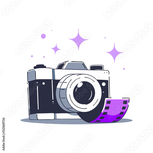 Vector illustration of a vintage film camera with a roll of film, designed in a modern and dynamic style. Perfect for themes of photography, nostalgia, and creativity.