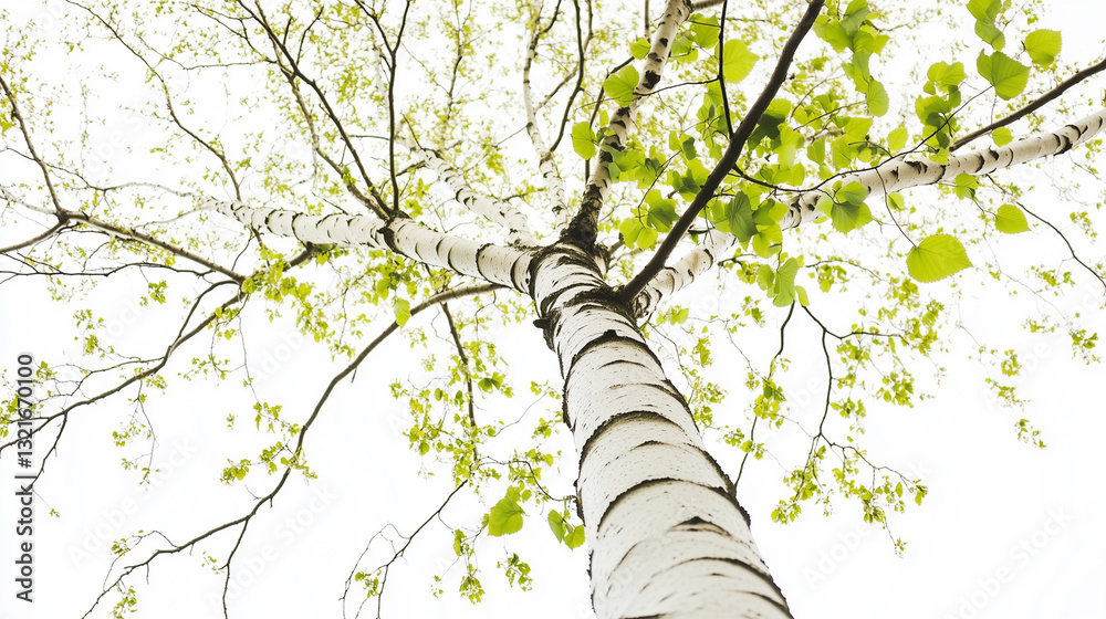 Fototapeta premium Tall and Slender Birch Tree with Distinctive White Bark and Delicate Branches Dotted with Light Green Leaves Isolated on White Background - No Shadows or Reflections, Generated AI 