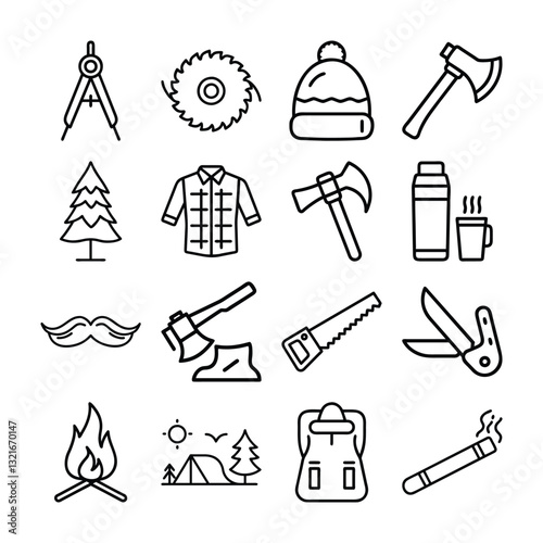 Collection of Black Line Icons for Lumberjack and Camping Theme