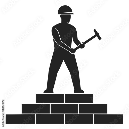 Manual Labor Silhouette Breaking Rock with Heavy Hammer