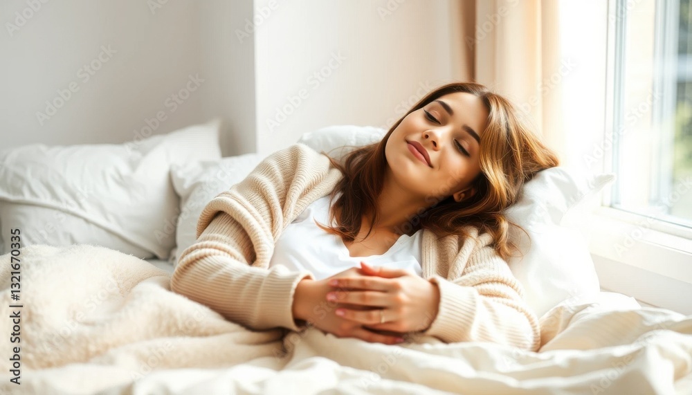 Young Woman Relaxing in Cozy Bedroom, Natural Light, Photography, Comfort, Intimacy Young Woman Relaxing in Cozy Bedroom, Natural Light, Photography, Comfort, Intimacy