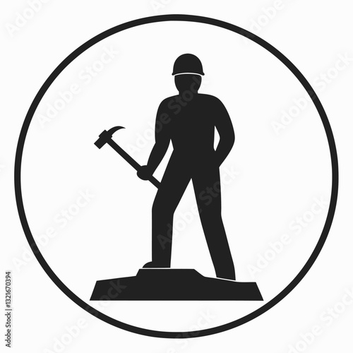 Construction Worker Silhouette Breaking Stone with Hammer