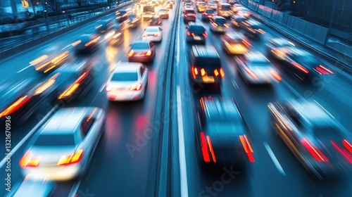 Blurred motion of vehicles on a busy highway during twilight, showcasing urban traffic and city lights