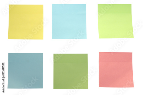 Six colorful sticky notes on transparent background communicating ideas. Isolated