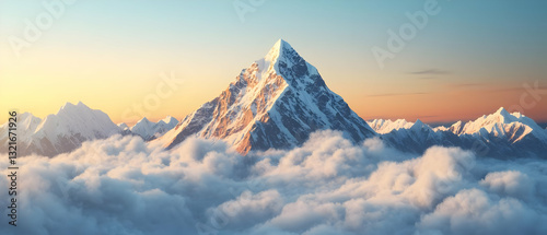 Majestic Snow-Capped Mountain Peak Above a Sea of Clouds at Sunset With Orange and Blue Hues