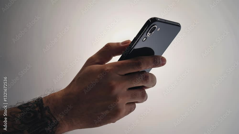 A tattooed hand holding a sleek black smartphone, focused on the details of the fingers and device under soft lighting.
A tattooed hand holding a sleek black smartphone, focused on the details of the fingers and device under soft lighting.