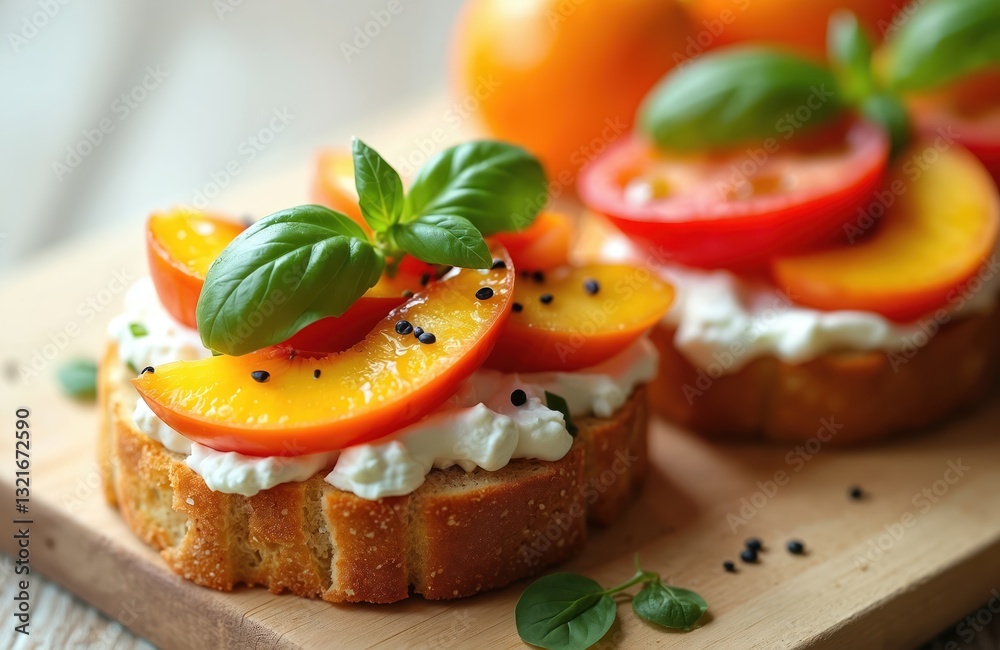 Gourmet sandwich with cream cheese, peaches, tomatoes, green basil. Bruschetta served on bread toast. Tasty toast with peaches, herbs served as delicious summer breakfast, brunch, snack. Healthy Gourmet sandwich with cream cheese, peaches, tomatoes, green basil. Bruschetta served on bread toast. Tasty toast with peaches, herbs served as delicious summer breakfast, brunch, snack. Healthy