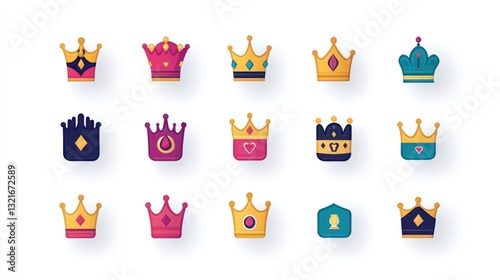 Colorful Crown Icons Set,  flat design, diverse styles.  Possible use  Illustrations, graphics, or website elements photo