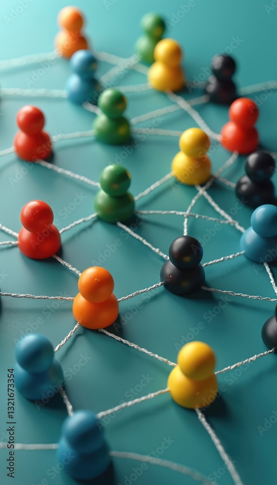 Fototapeta premium Network of colorful connected people. String links colorful figures, network communication, relationship, teamwork, collaboration, community support. Abstract concept of connection, togetherness,