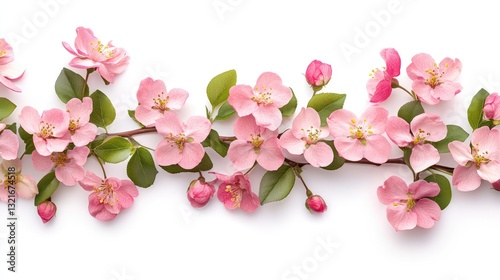 Delicate pink cherry blossoms arranged elegantly on a white background, showcasing spring's beauty and renewal