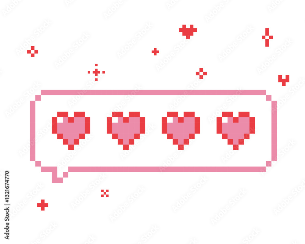 Obraz premium Love dialogue box with hearts and sparkles in pixel art. Speech bubble in the mood of 90s aesthetics. Love message emoji. Vector illustration on a white background. Retro style game abstract element