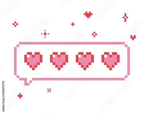 Love dialogue box with hearts and sparkles in pixel art. Speech bubble in the mood of 90s aesthetics. Love message emoji. Vector illustration on a white background. Retro style game abstract element