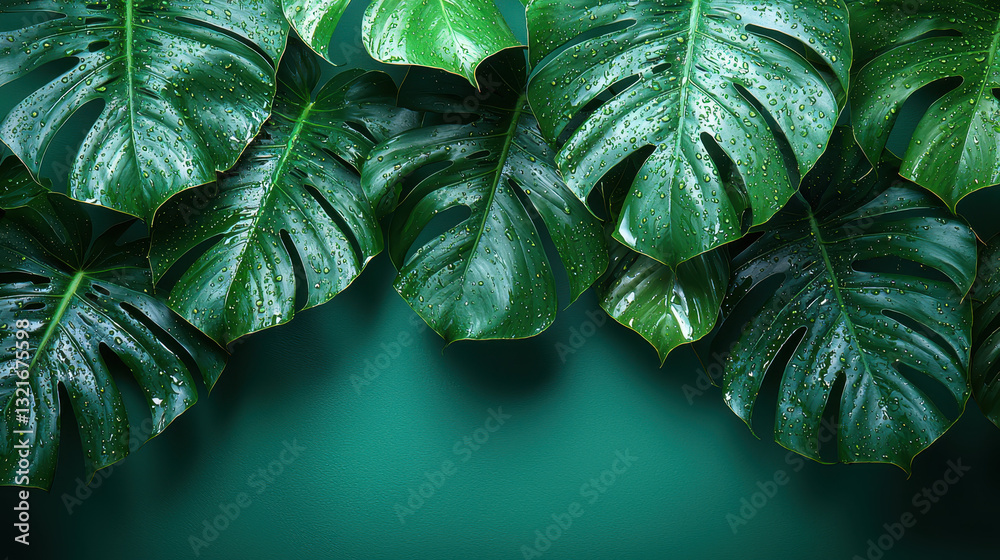 Fototapeta premium Monstera Leaves: A collection of vibrant, large Monstera leaves with water droplets adorn the frame with a moody, tropical flair. 