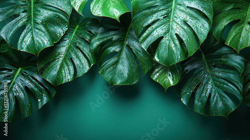 Monstera Leaves: A collection of vibrant, large Monstera leaves with water droplets adorn the frame with a moody, tropical flair. 