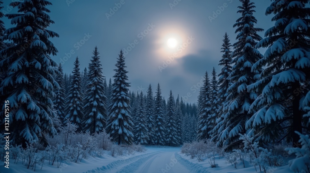 Fototapeta premium Snowy evergreen forest bathed in the soft glow of a full moon, casting silver light over frost-laden branches, creating a quiet, peaceful winter night scene.