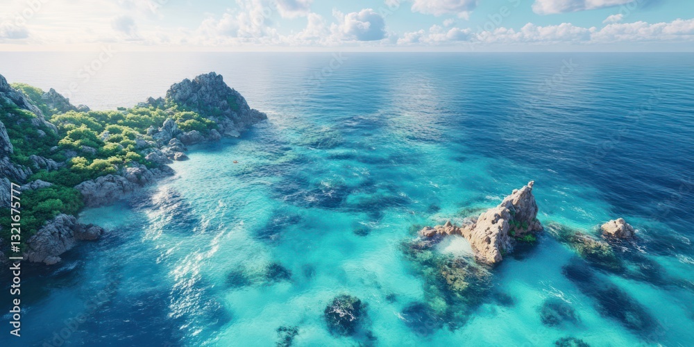 Naklejka premium Aerial View Coastal Scene Turquoise Water Rocks