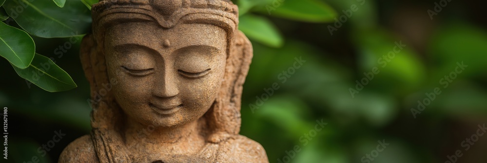 A tranquil Buddha statue made of stone, set against a vibrant backdrop of green leaves, evoking feelings of peace and spiritual contemplation in nature. A tranquil Buddha statue made of stone, set against a vibrant backdrop of green leaves, evoking feelings of peace and spiritual contemplation in nature.