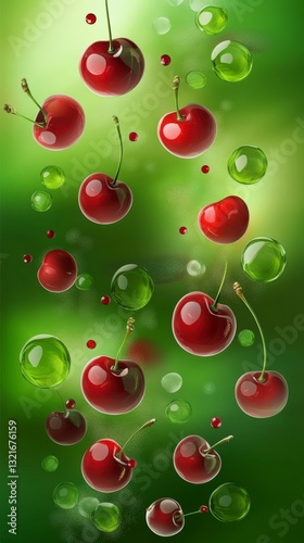A Stunning Visual Feast of Red Cherries in Motion against a Green Background
