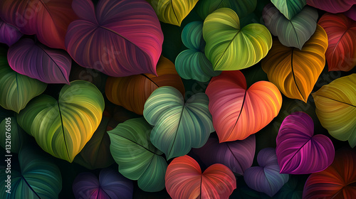 Wallpaper Mural Vibrant multicolored leaves with textured surfaces create a lush, tropical background, showcasing nature's rich palette and organic forms, ideal for design projects Torontodigital.ca