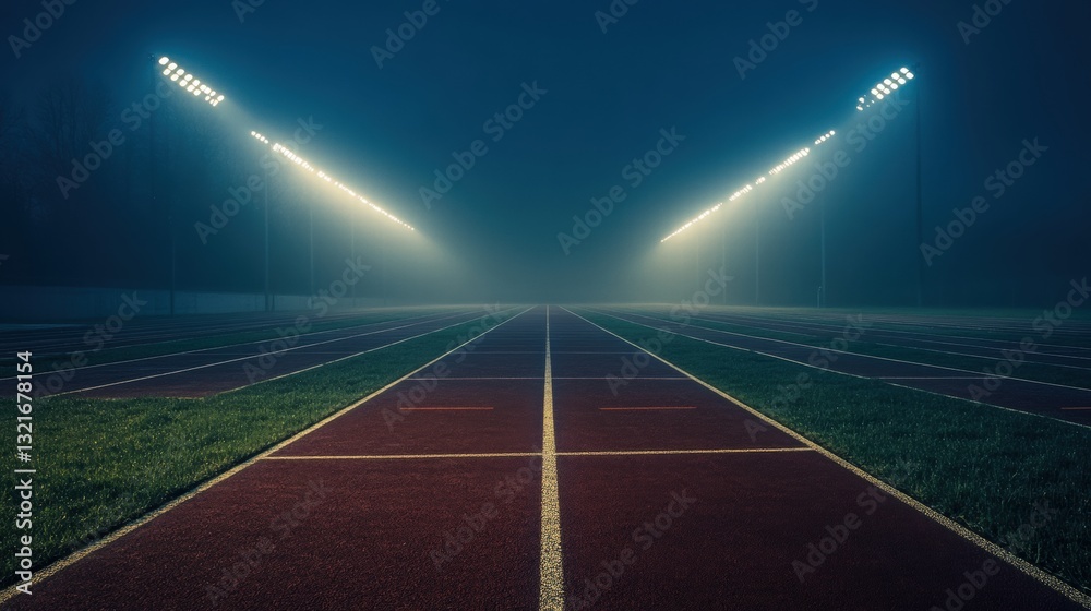 Fototapeta premium Foggy Night on an Empty Running Track with Bright Floodlights Illuminating the Path Ahead in a Mysterious Atmosphere