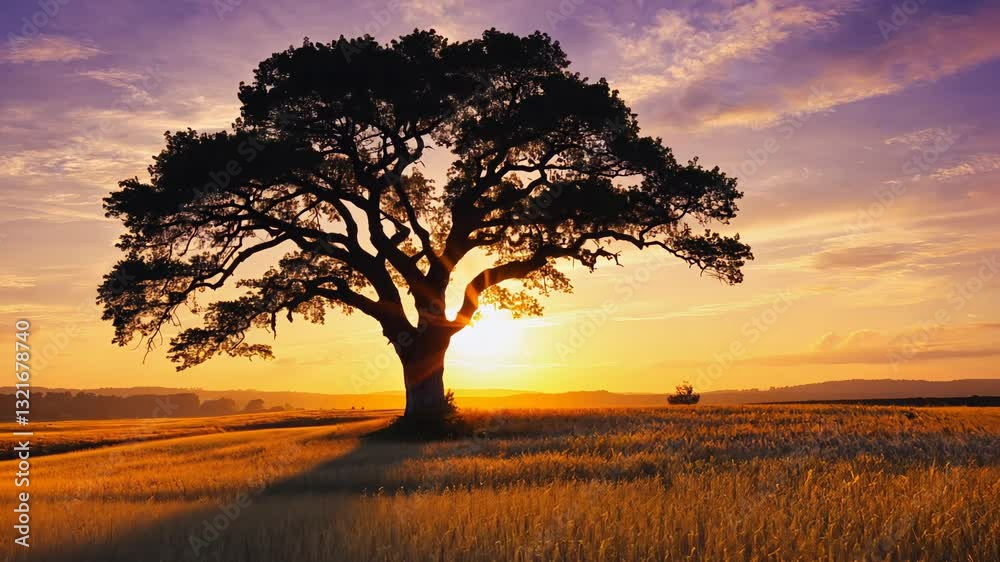 A majestic oak tree standing alone in a golden field during a breathtaking sunset.
A majestic oak tree standing alone in a golden field during a breathtaking sunset.
