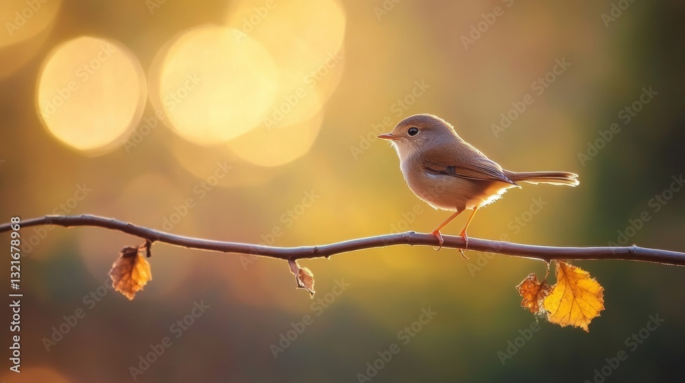Obraz premium Delicate Bird Perched on Branch Against Soft Focus Autumn Background with Warm Colors and Bokeh Highlights in Nature