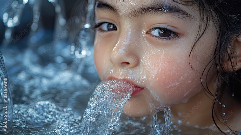 Obraz premium A young girl with dark hair is drinking from a garden hose, with water flowing out in a steady stream.