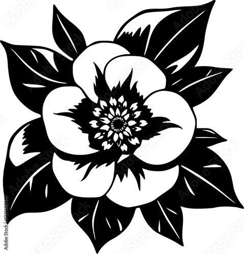 Beautiful monochrome black and white camellia flower illustration minimalist elegant decorative ornamental vintage botanical art drawing design print decor wall art stationery textile crafting nature