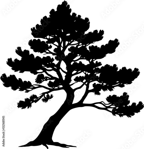 Monochrome black and white pine tree illustration minimalist nature art graphic design wildlife landscape ecology forest silhouette detailed texture pattern wall art print digital vector simple modern