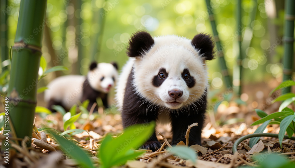 Fototapeta premium Curious panda cub exploring dense bamboo grove, playful adventure