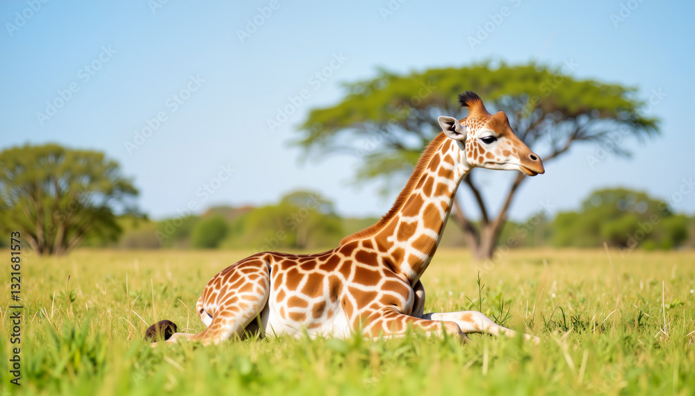 Obraz premium Young giraffe calf resting peacefully on green grass under blue sky, tranquility