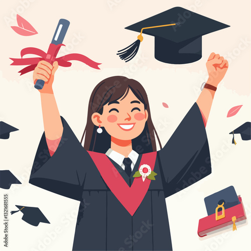 illustration of college girl celebrating graduation happily