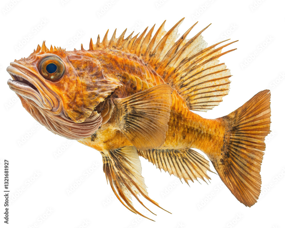 Vibrant orange fish with spiny fins and large eyes, showcasing intricate details and textures. This unique marine creature is perfect for educational and artistic purposes Vibrant orange fish with spiny fins and large eyes, showcasing intricate details and textures. This unique marine creature is perfect for educational and artistic purposes