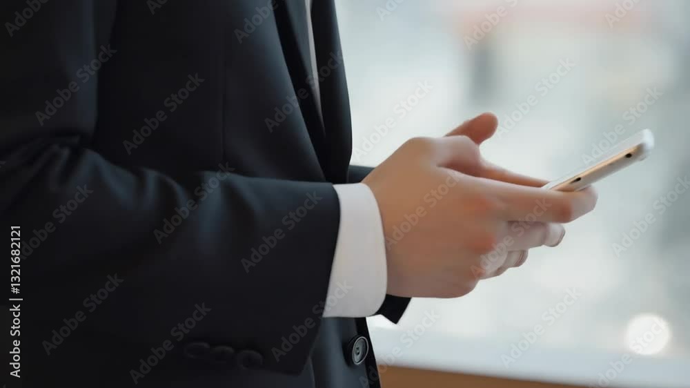 A well-dressed individual in a suit interacts with a smartphone while standing in an upscale office environment. The focus is on the user's communication and technology use